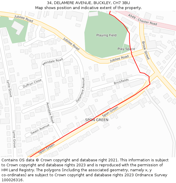 34, DELAMERE AVENUE, BUCKLEY, CH7 3BU: Location map and indicative extent of plot
