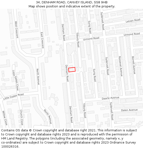 34, DENHAM ROAD, CANVEY ISLAND, SS8 9HB: Location map and indicative extent of plot