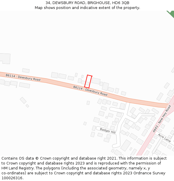 34, DEWSBURY ROAD, BRIGHOUSE, HD6 3QB: Location map and indicative extent of plot
