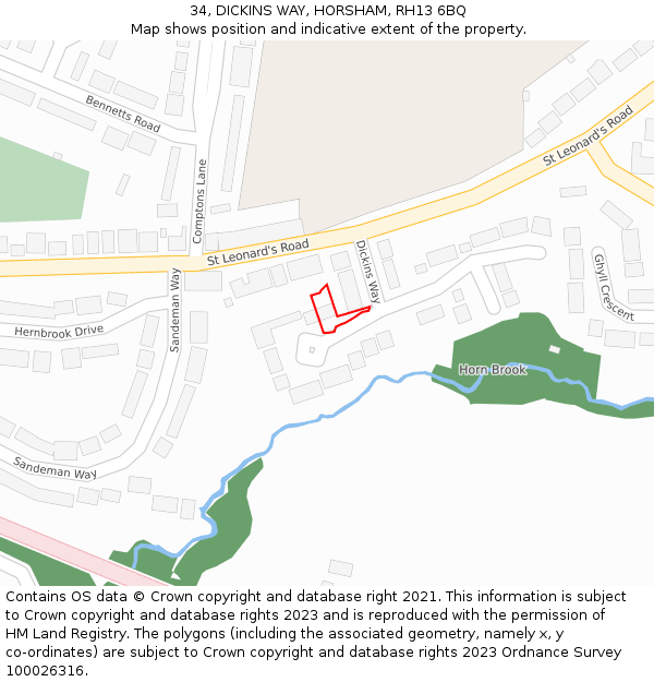 34, DICKINS WAY, HORSHAM, RH13 6BQ: Location map and indicative extent of plot