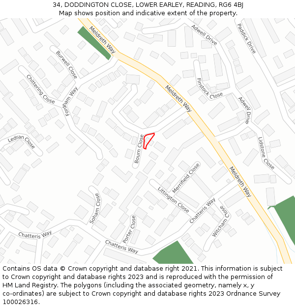 34, DODDINGTON CLOSE, LOWER EARLEY, READING, RG6 4BJ: Location map and indicative extent of plot