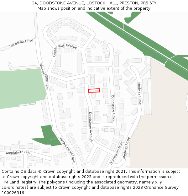 34, DOODSTONE AVENUE, LOSTOCK HALL, PRESTON, PR5 5TY: Location map and indicative extent of plot