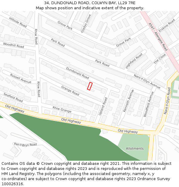 34, DUNDONALD ROAD, COLWYN BAY, LL29 7RE: Location map and indicative extent of plot