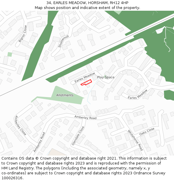 34, EARLES MEADOW, HORSHAM, RH12 4HP: Location map and indicative extent of plot