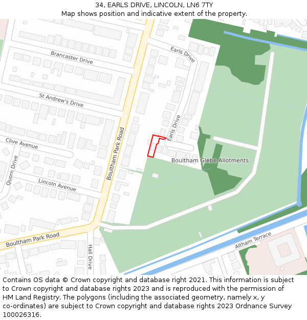 34, EARLS DRIVE, LINCOLN, LN6 7TY: Location map and indicative extent of plot