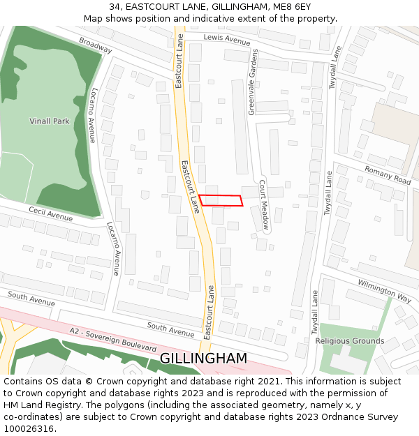 34, EASTCOURT LANE, GILLINGHAM, ME8 6EY: Location map and indicative extent of plot
