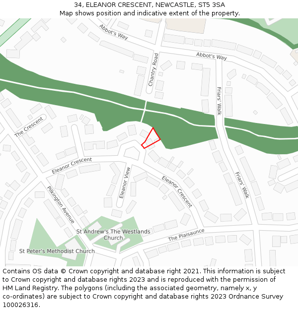 34, ELEANOR CRESCENT, NEWCASTLE, ST5 3SA: Location map and indicative extent of plot