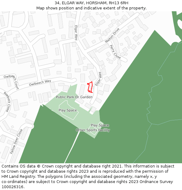 34, ELGAR WAY, HORSHAM, RH13 6RH: Location map and indicative extent of plot