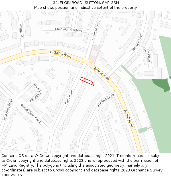 34, ELGIN ROAD, SUTTON, SM1 3SN: Location map and indicative extent of plot