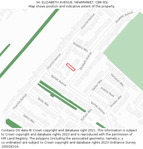 34, ELIZABETH AVENUE, NEWMARKET, CB8 0DJ: Location map and indicative extent of plot