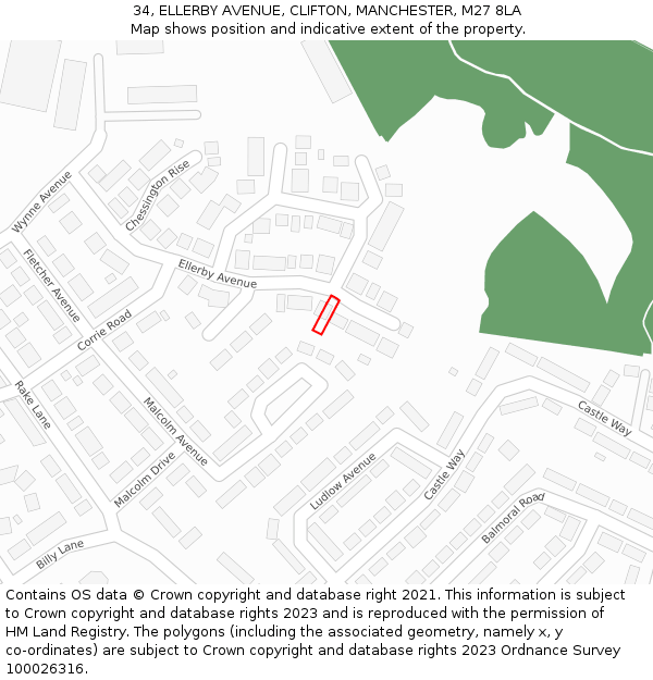 34, ELLERBY AVENUE, CLIFTON, MANCHESTER, M27 8LA: Location map and indicative extent of plot