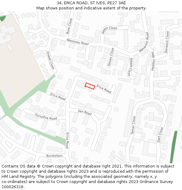 34, ERICA ROAD, ST IVES, PE27 3AE: Location map and indicative extent of plot