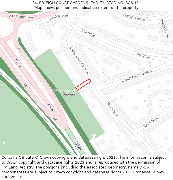 34, ERLEIGH COURT GARDENS, EARLEY, READING, RG6 1EH: Location map and indicative extent of plot