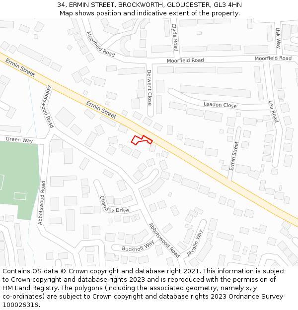 34, ERMIN STREET, BROCKWORTH, GLOUCESTER, GL3 4HN: Location map and indicative extent of plot