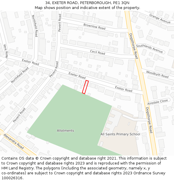 34, EXETER ROAD, PETERBOROUGH, PE1 3QN: Location map and indicative extent of plot