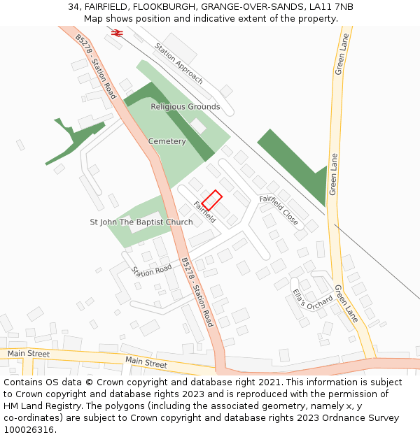 34, FAIRFIELD, FLOOKBURGH, GRANGE-OVER-SANDS, LA11 7NB: Location map and indicative extent of plot