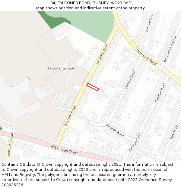 34, FALCONER ROAD, BUSHEY, WD23 3AD: Location map and indicative extent of plot