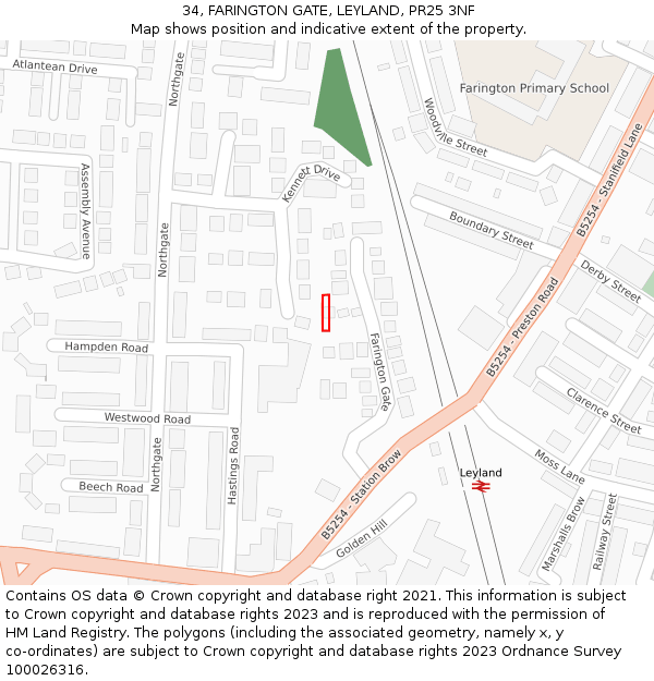 34, FARINGTON GATE, LEYLAND, PR25 3NF: Location map and indicative extent of plot