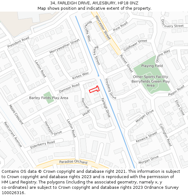 34, FARLEIGH DRIVE, AYLESBURY, HP18 0NZ: Location map and indicative extent of plot