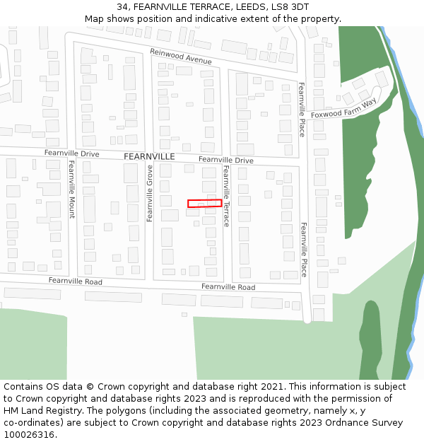 34, FEARNVILLE TERRACE, LEEDS, LS8 3DT: Location map and indicative extent of plot