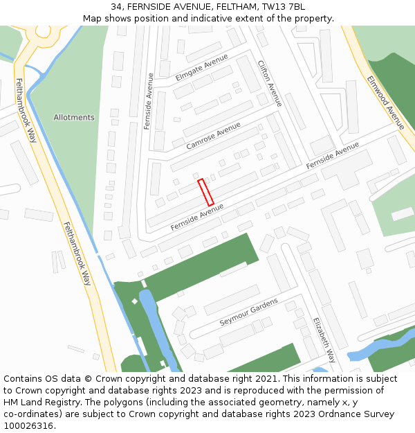 34, FERNSIDE AVENUE, FELTHAM, TW13 7BL: Location map and indicative extent of plot