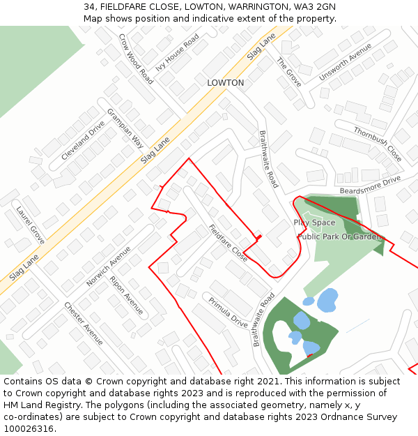 34, FIELDFARE CLOSE, LOWTON, WARRINGTON, WA3 2GN: Location map and indicative extent of plot
