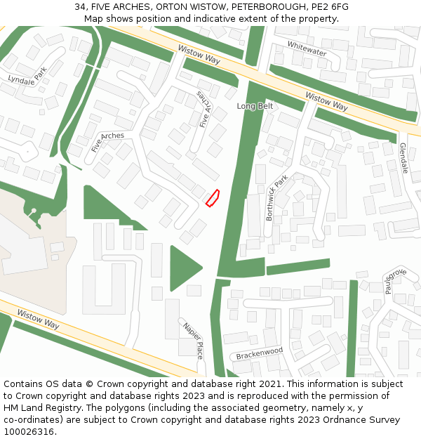 34, FIVE ARCHES, ORTON WISTOW, PETERBOROUGH, PE2 6FG: Location map and indicative extent of plot