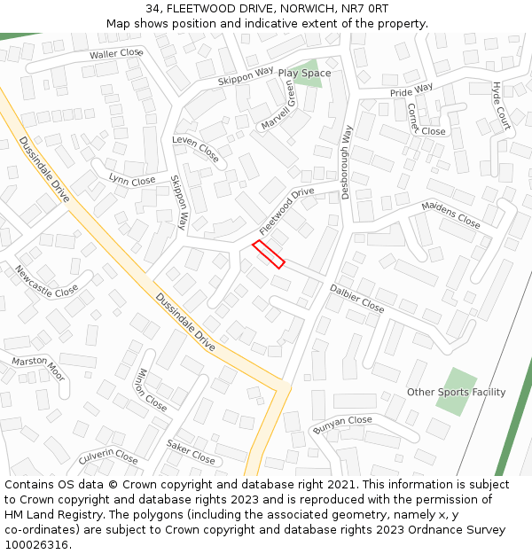 34, FLEETWOOD DRIVE, NORWICH, NR7 0RT: Location map and indicative extent of plot