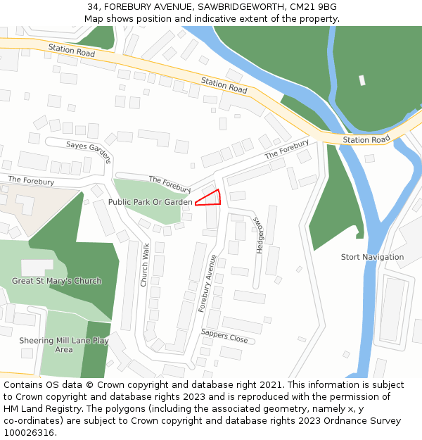 34, FOREBURY AVENUE, SAWBRIDGEWORTH, CM21 9BG: Location map and indicative extent of plot