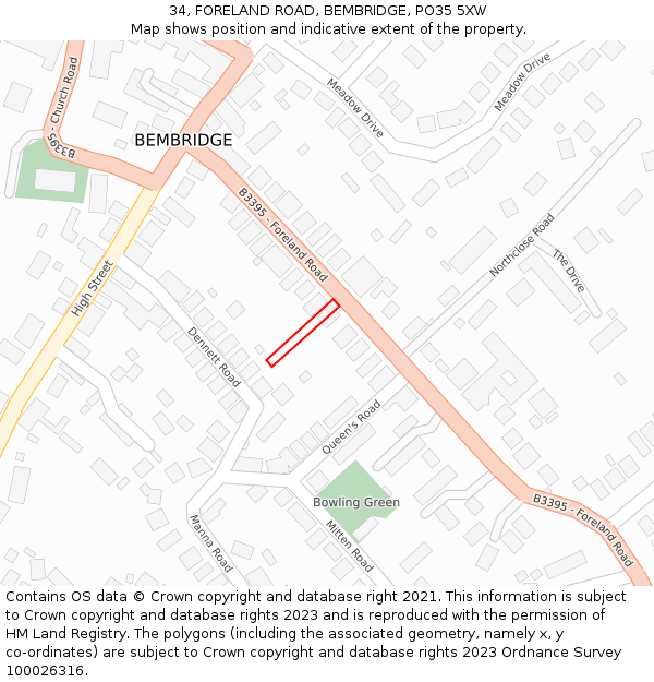 34, FORELAND ROAD, BEMBRIDGE, PO35 5XW: Location map and indicative extent of plot