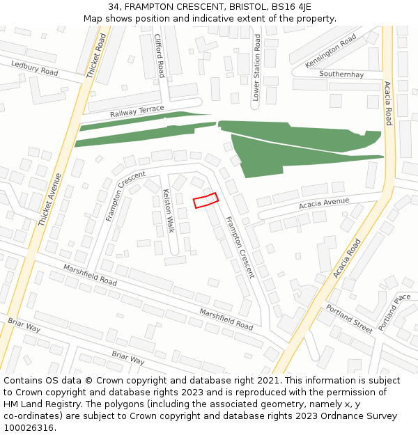 34, FRAMPTON CRESCENT, BRISTOL, BS16 4JE: Location map and indicative extent of plot