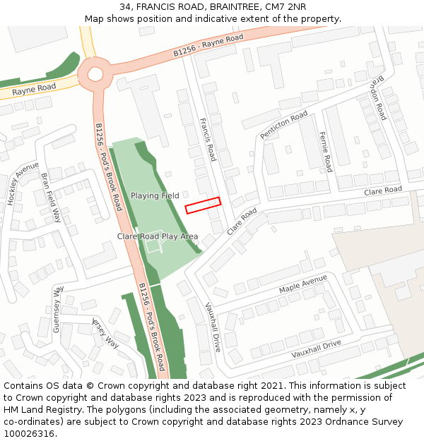 34, FRANCIS ROAD, BRAINTREE, CM7 2NR: Location map and indicative extent of plot
