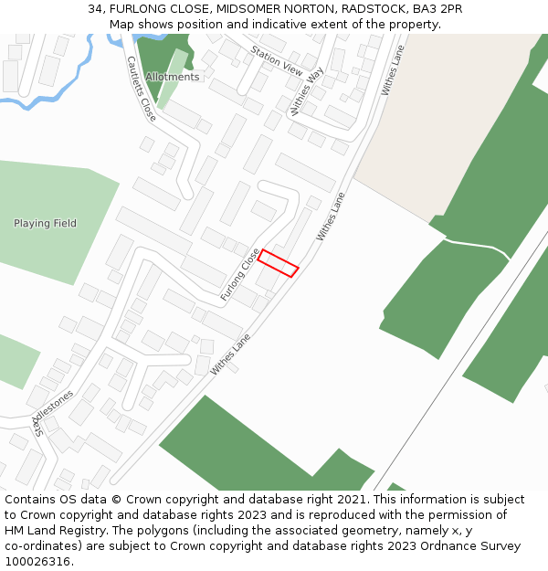 34, FURLONG CLOSE, MIDSOMER NORTON, RADSTOCK, BA3 2PR: Location map and indicative extent of plot