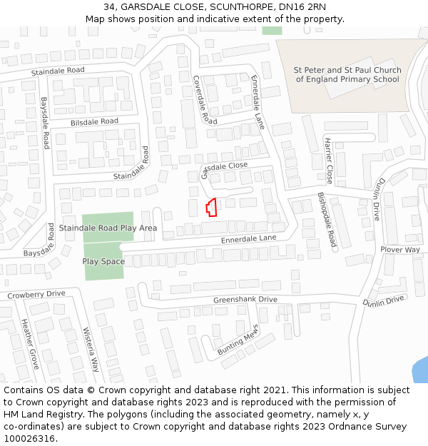 34, GARSDALE CLOSE, SCUNTHORPE, DN16 2RN: Location map and indicative extent of plot