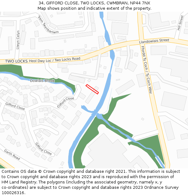 34, GIFFORD CLOSE, TWO LOCKS, CWMBRAN, NP44 7NX: Location map and indicative extent of plot