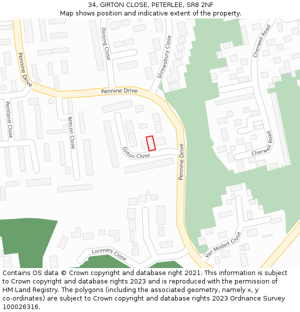 34, GIRTON CLOSE, PETERLEE, SR8 2NF: Location map and indicative extent of plot