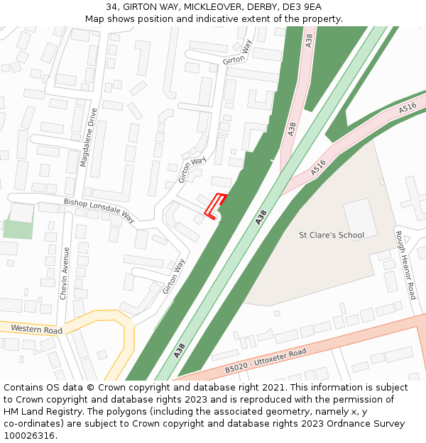 34, GIRTON WAY, MICKLEOVER, DERBY, DE3 9EA: Location map and indicative extent of plot
