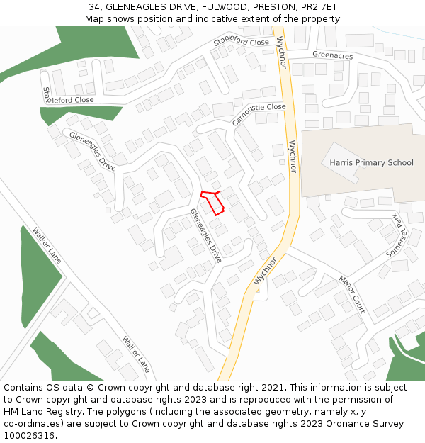 34, GLENEAGLES DRIVE, FULWOOD, PRESTON, PR2 7ET: Location map and indicative extent of plot