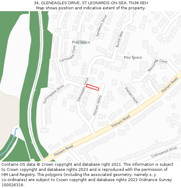 34, GLENEAGLES DRIVE, ST LEONARDS-ON-SEA, TN38 0EH: Location map and indicative extent of plot