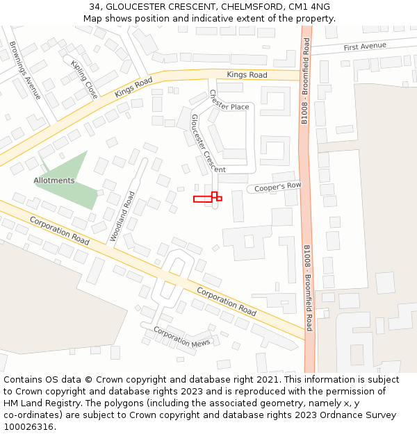 34, GLOUCESTER CRESCENT, CHELMSFORD, CM1 4NG: Location map and indicative extent of plot