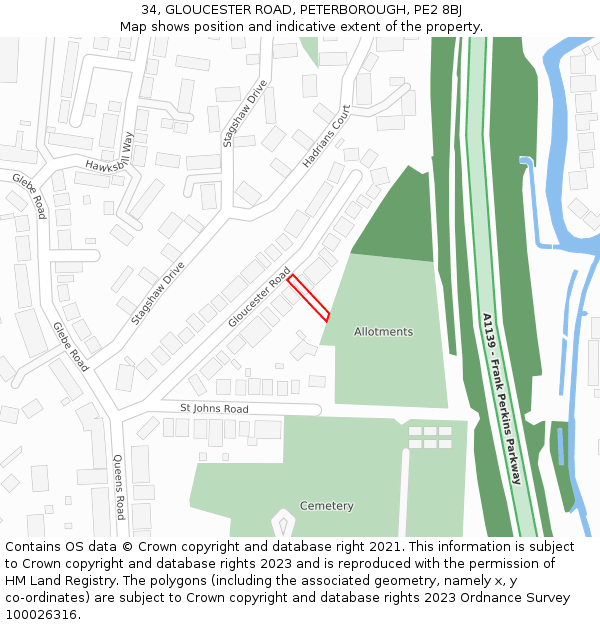 34, GLOUCESTER ROAD, PETERBOROUGH, PE2 8BJ: Location map and indicative extent of plot