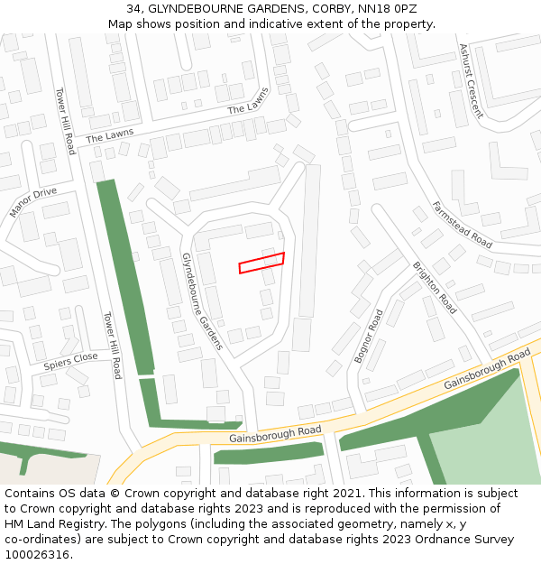 34, GLYNDEBOURNE GARDENS, CORBY, NN18 0PZ: Location map and indicative extent of plot