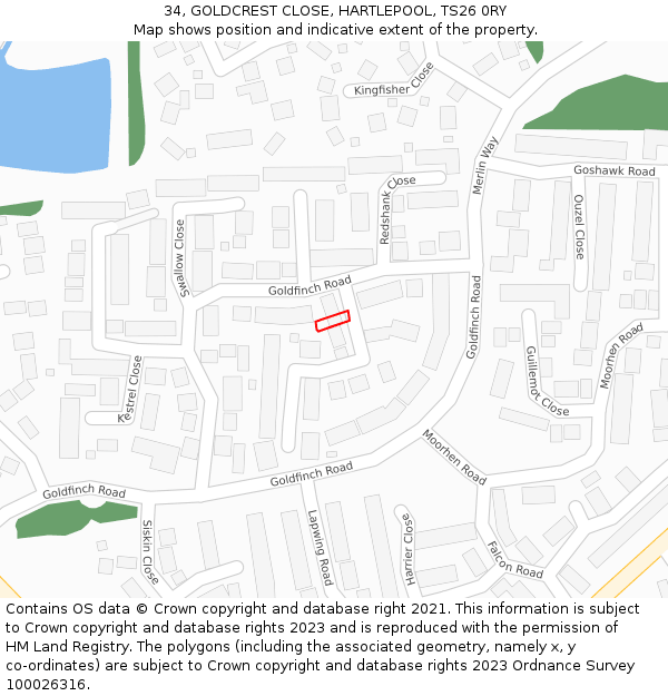 34, GOLDCREST CLOSE, HARTLEPOOL, TS26 0RY: Location map and indicative extent of plot