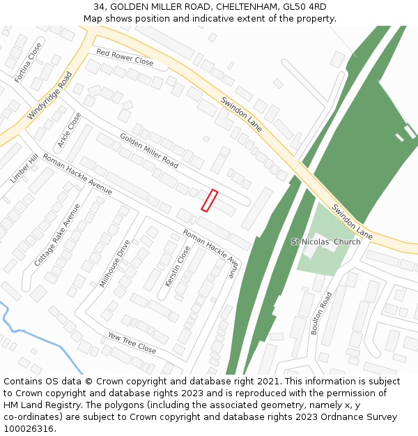 34, GOLDEN MILLER ROAD, CHELTENHAM, GL50 4RD: Location map and indicative extent of plot