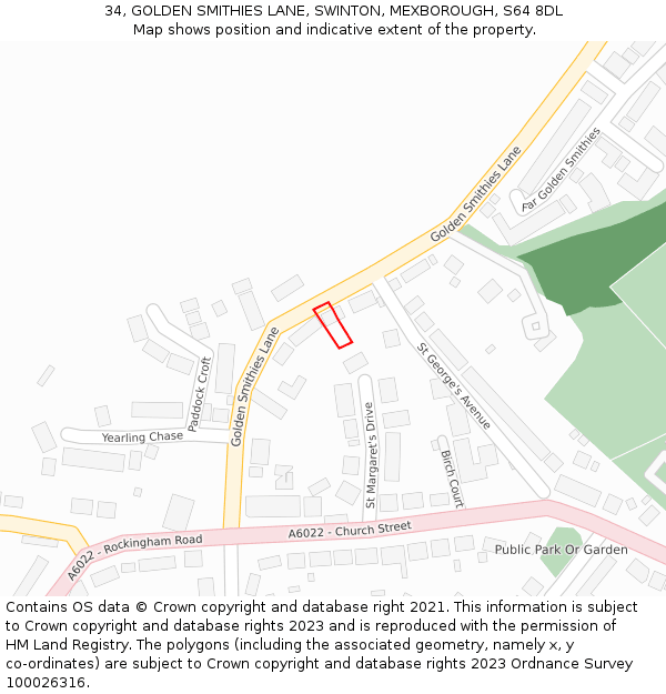 34, GOLDEN SMITHIES LANE, SWINTON, MEXBOROUGH, S64 8DL: Location map and indicative extent of plot