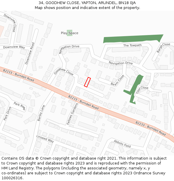 34, GOODHEW CLOSE, YAPTON, ARUNDEL, BN18 0JA: Location map and indicative extent of plot