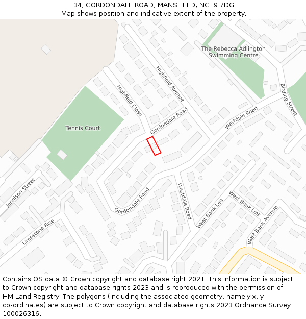 34, GORDONDALE ROAD, MANSFIELD, NG19 7DG: Location map and indicative extent of plot