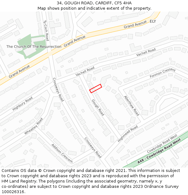 34, GOUGH ROAD, CARDIFF, CF5 4HA: Location map and indicative extent of plot