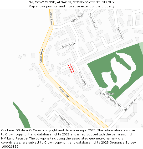 34, GOWY CLOSE, ALSAGER, STOKE-ON-TRENT, ST7 2HX: Location map and indicative extent of plot