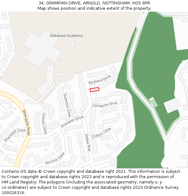 34, GRAMPIAN DRIVE, ARNOLD, NOTTINGHAM, NG5 9PR: Location map and indicative extent of plot